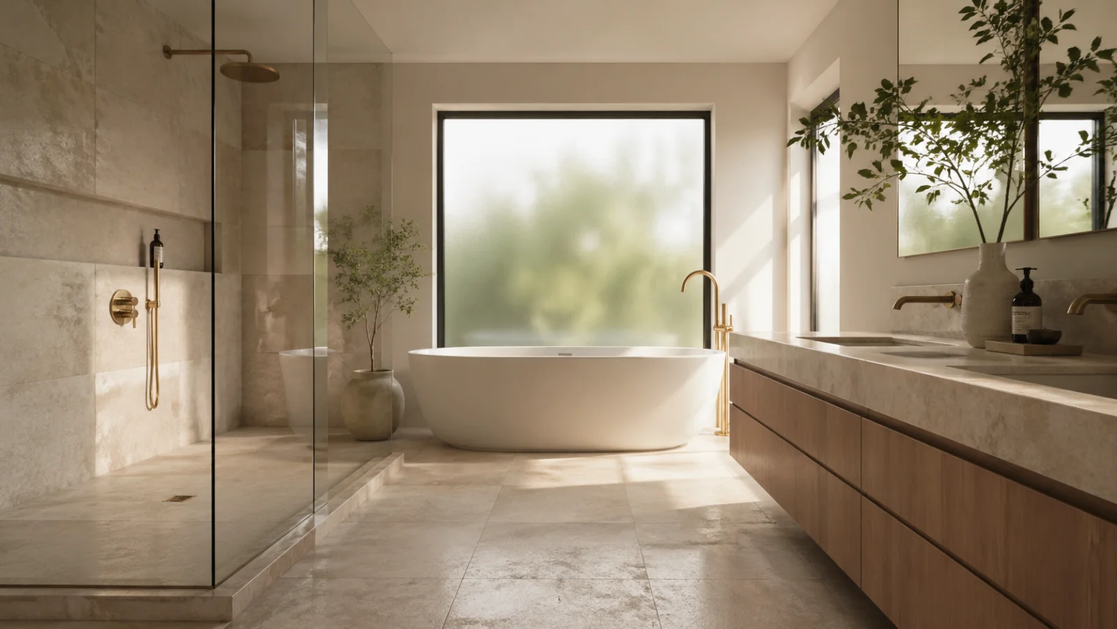 Modernes Badezimmer mit bodengleicher Dusche, Wanne und Doppelwaschtisch - Badezimmer planen