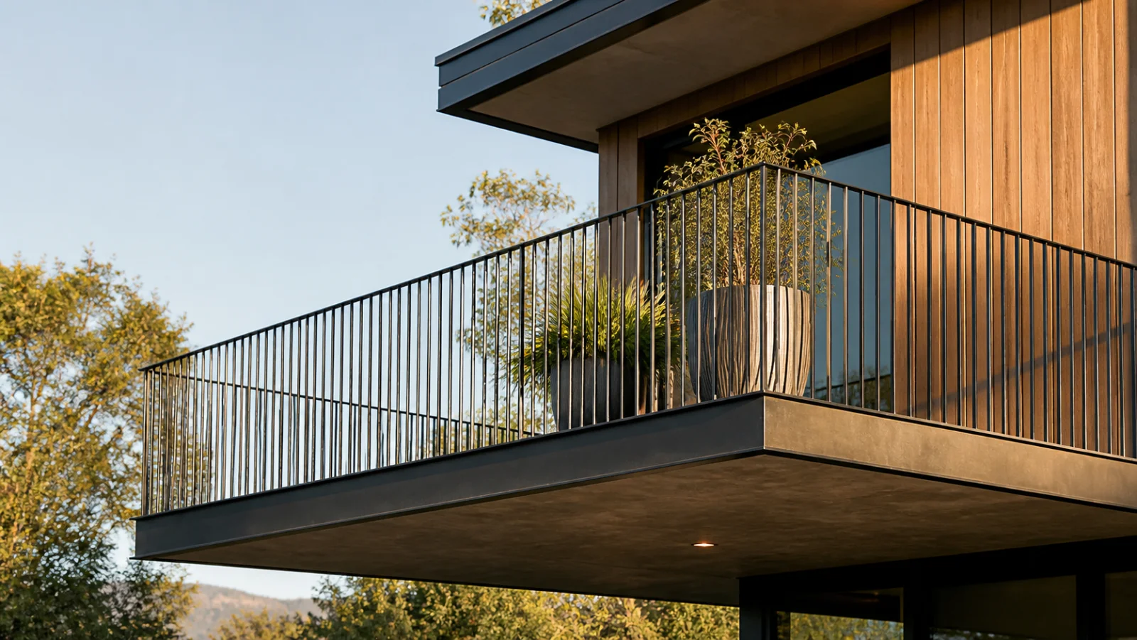 Moderner Balkon an Wohnhaus mit Glasgeländer und Sitzgruppe - Balkon 2026
