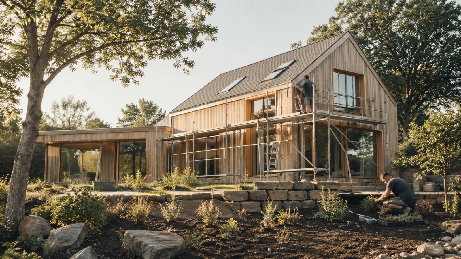 Modernes Einfamilienhaus mit Holzfassade und großen Fensterflächen im Bau