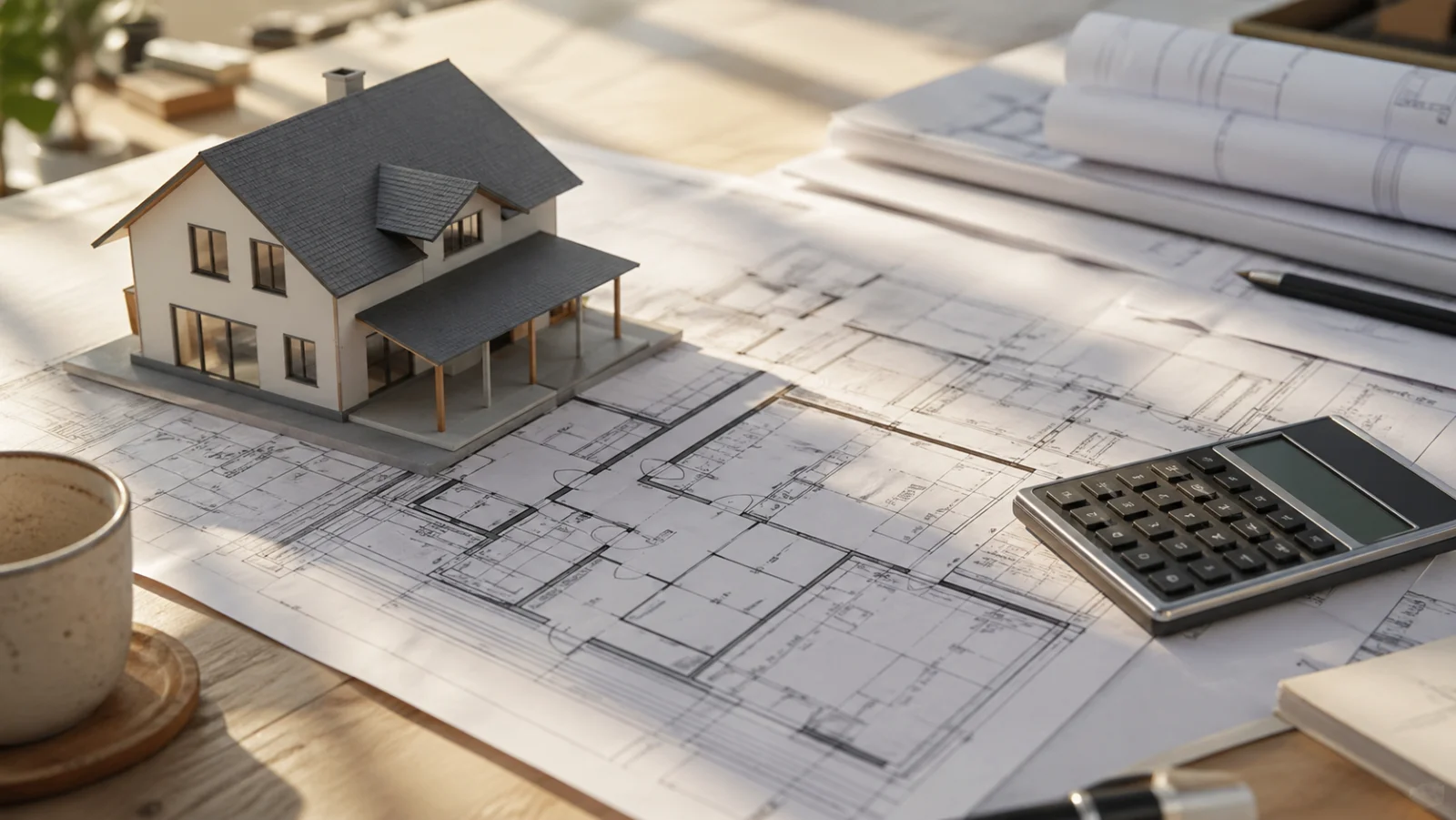 Bauplan mit Modellhaus und Rechner - Baufinanzierung Zinsen