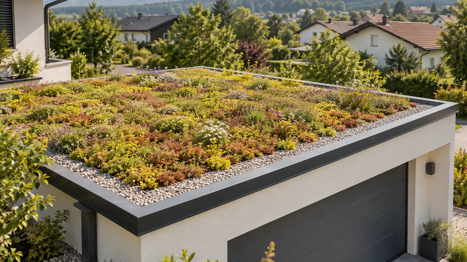 Extensive Dachbegrünung mit Sedum und blühenden Kräutern auf dem Flachdach einer Garage, Kiesstreifen am Rand