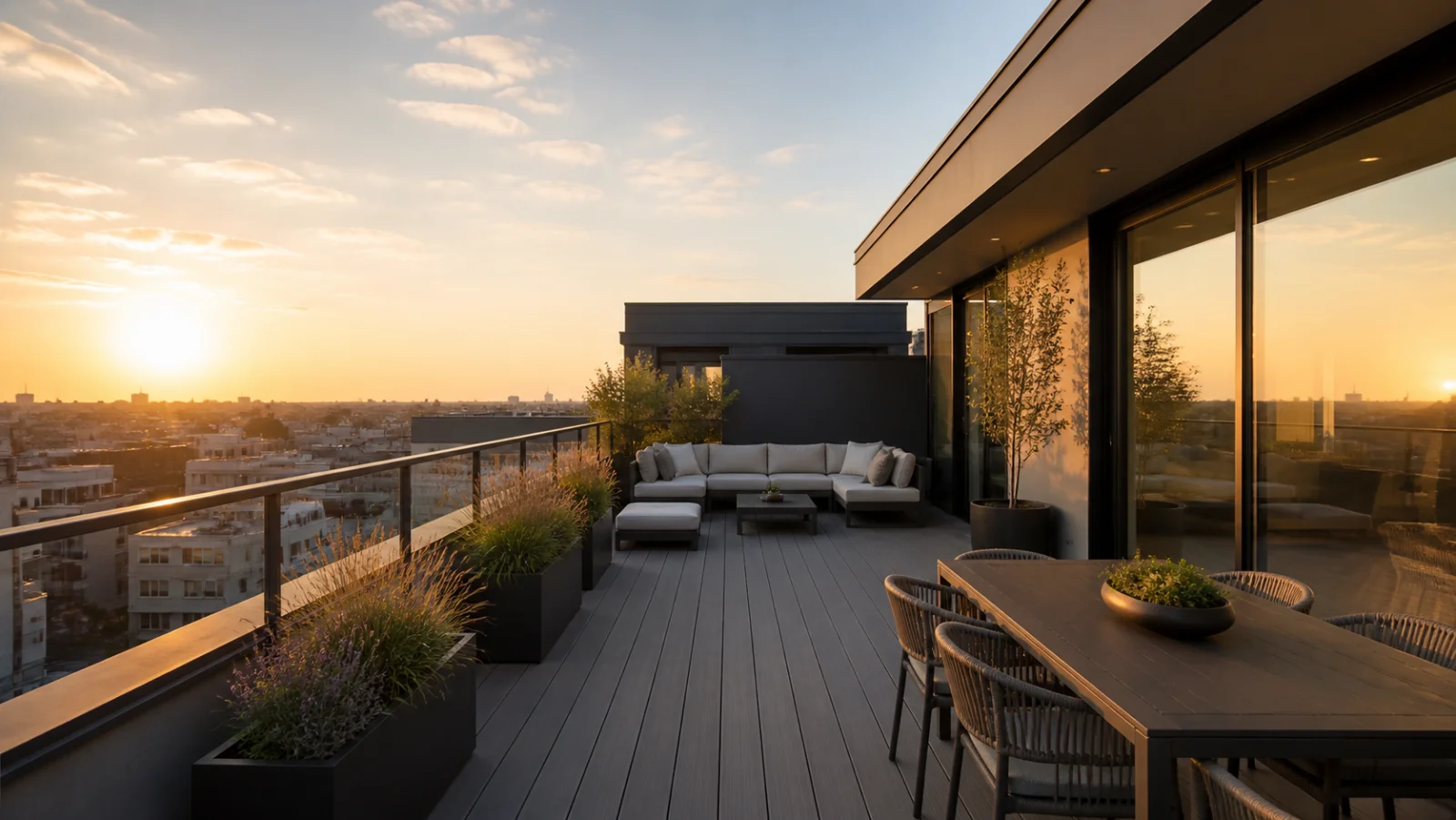 Moderne Dachterrasse mit Holzbelag und Glasgeländer mit Stadtblick - Dachterrasse 2026