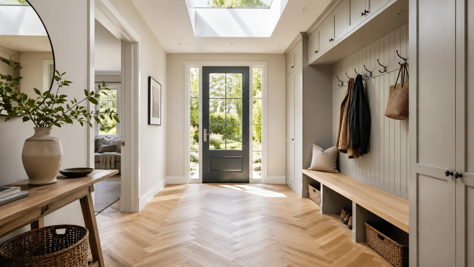 Helle moderne Diele mit Garderobe, Spiegel und Sitzbank - Diele planen