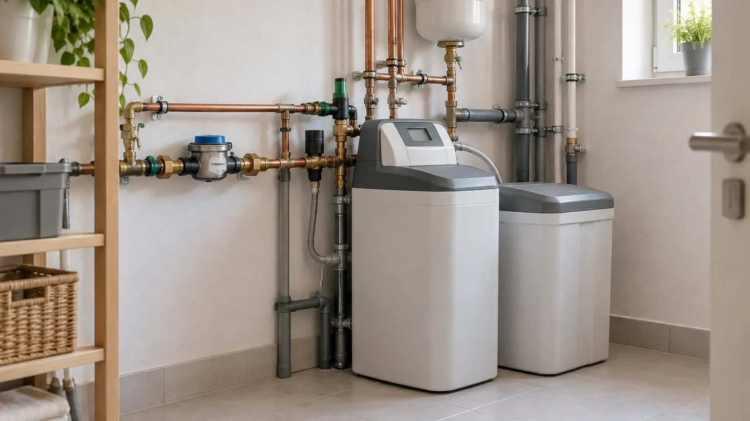 Enthärtungsanlage mit Salzbehälter neben Wasserzähler und Rohrleitungen im Hausanschlussraum eines Neubaus