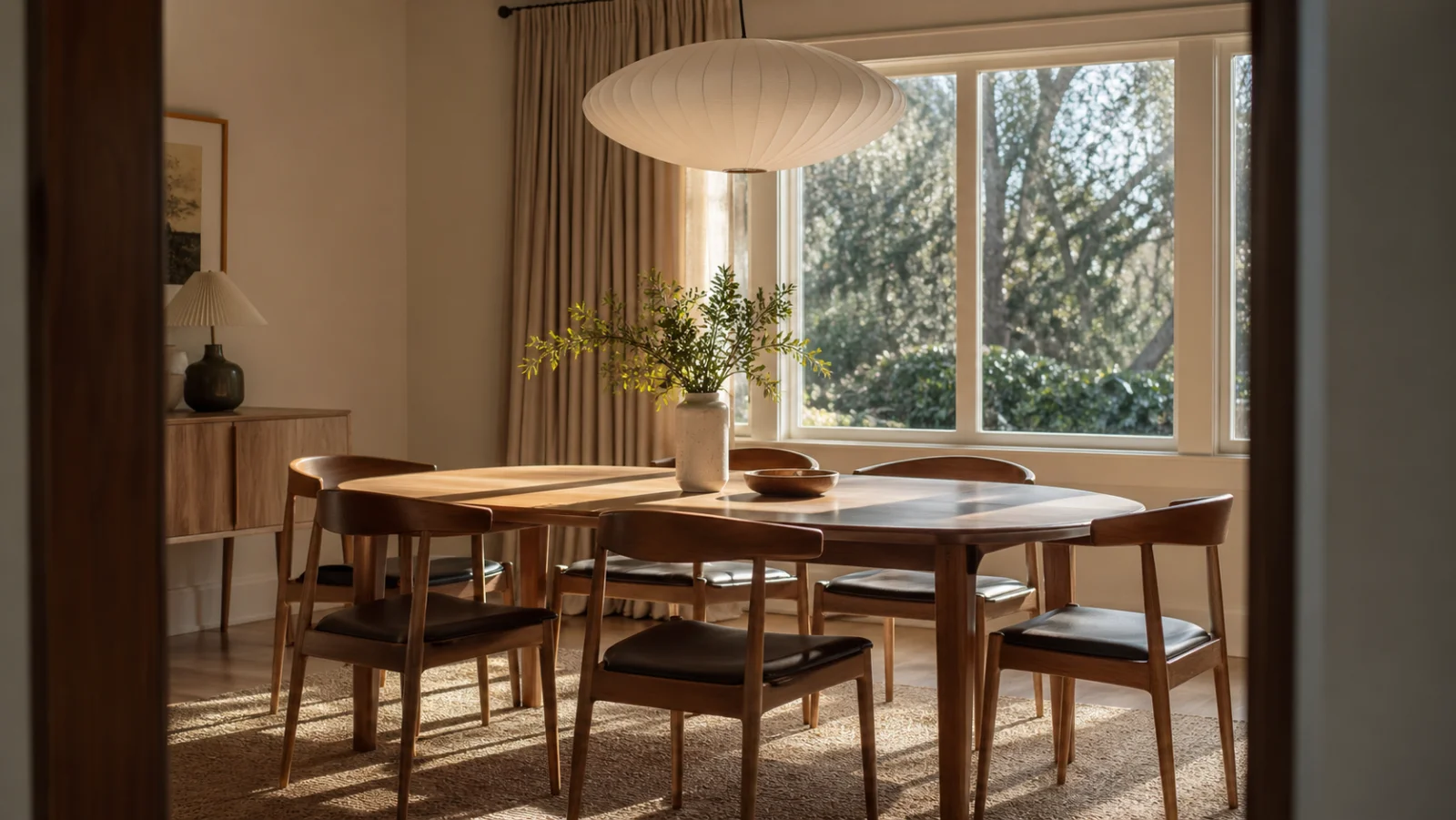 Esstisch mit Stühlen und Pendelleuchte in einem hellen Esszimmer mit großem Fenster - Esszimmer-Planung