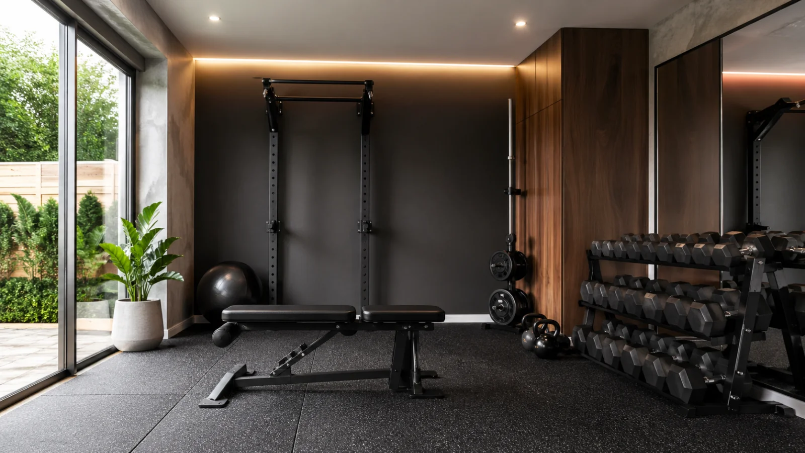 Heimfitnessraum mit Hantelbank, Gewichten und Gummiboden - Fitnessraum zu Hause