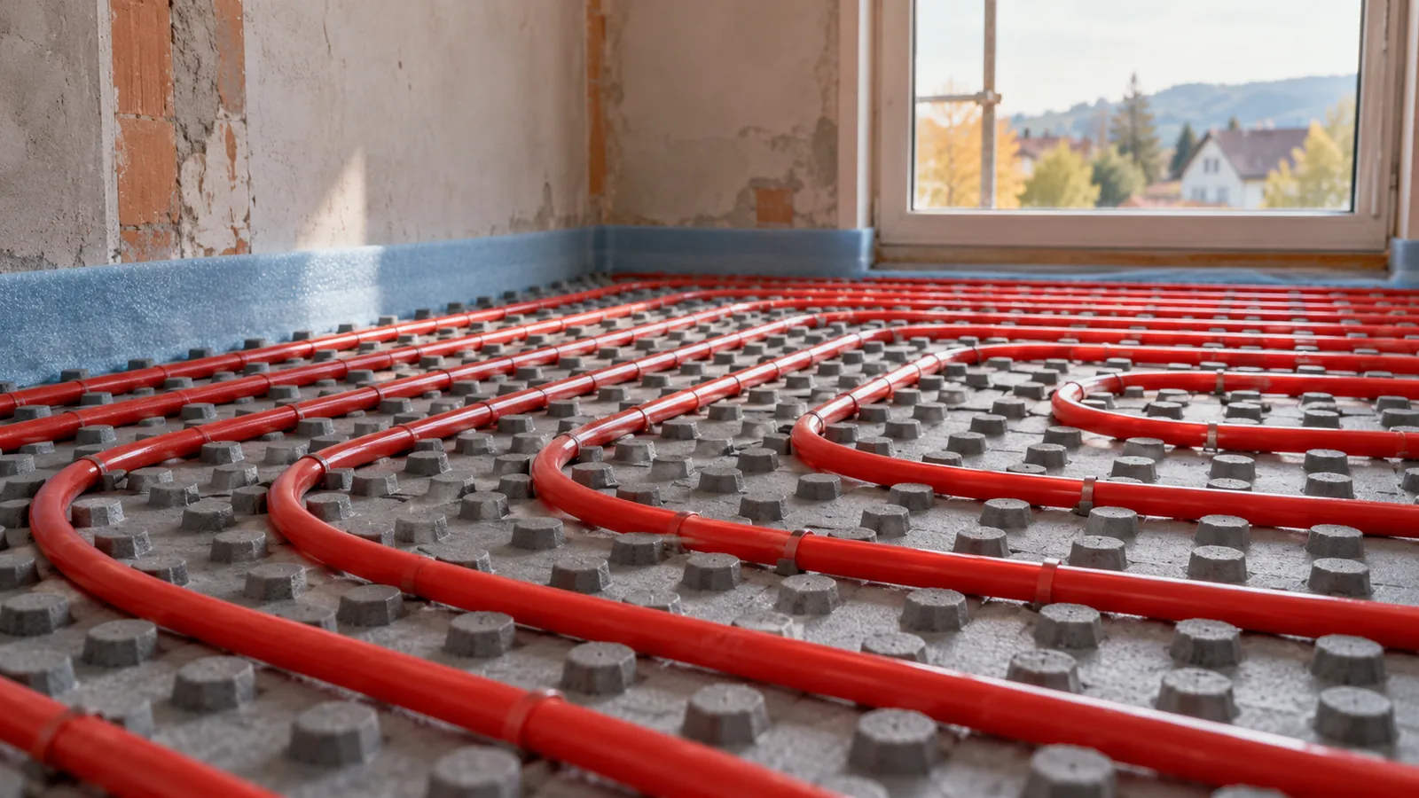 Heizrohre einer Fußbodenheizung in Schleifen auf der Noppenplatte vor dem Estricheinbau