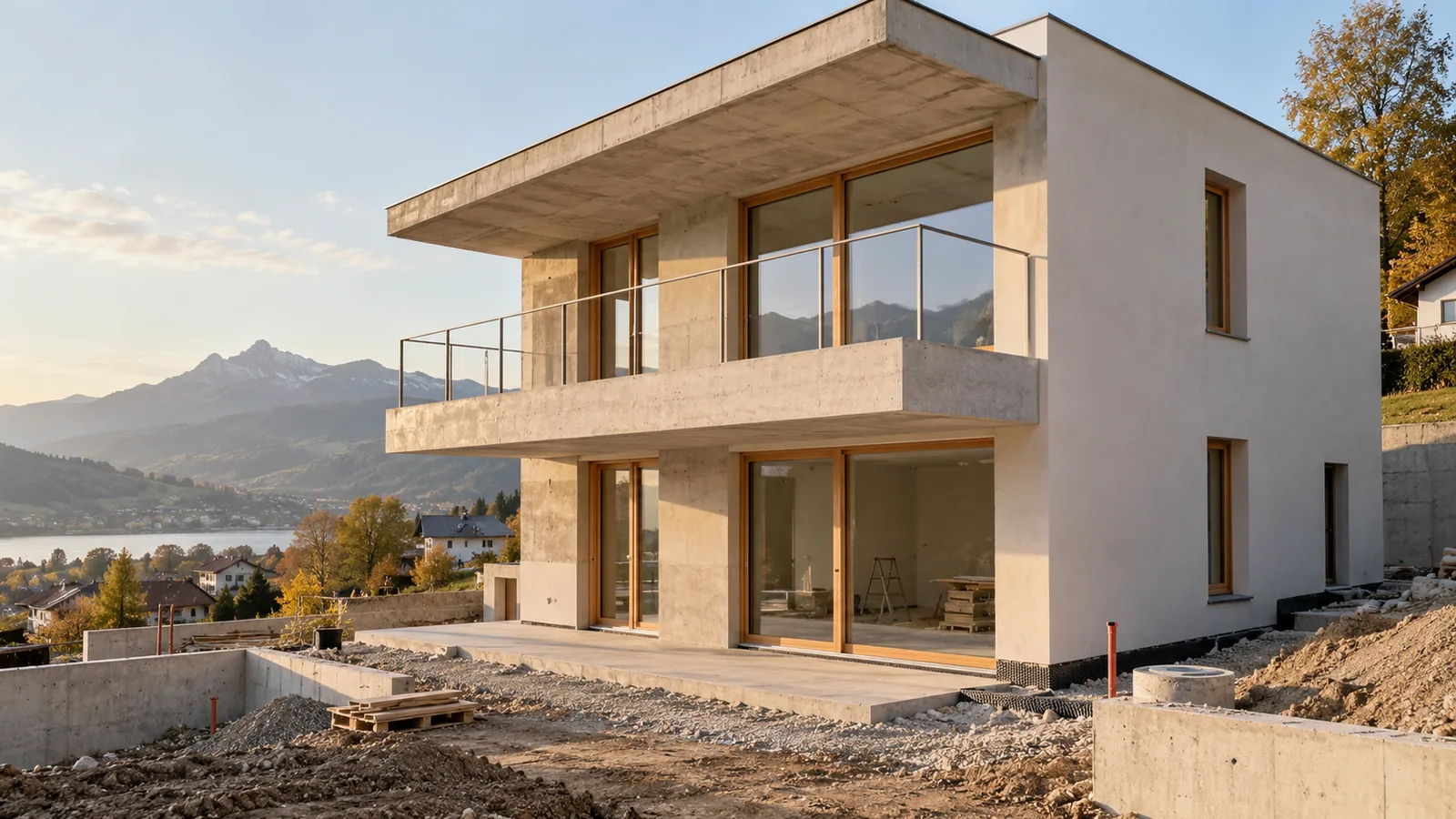 Einfach gebauter Neubau mit Sichtbetondecke und unbehandelten Holzfenstern - Gebäudetyp E