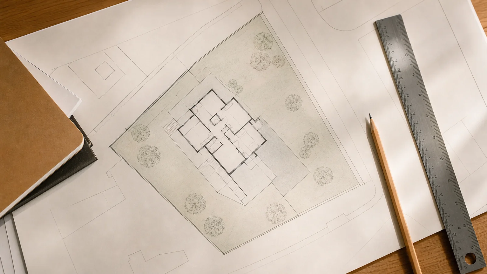 Architekturmodell mit mehreren Geschossen und Bauplan im Hintergrund