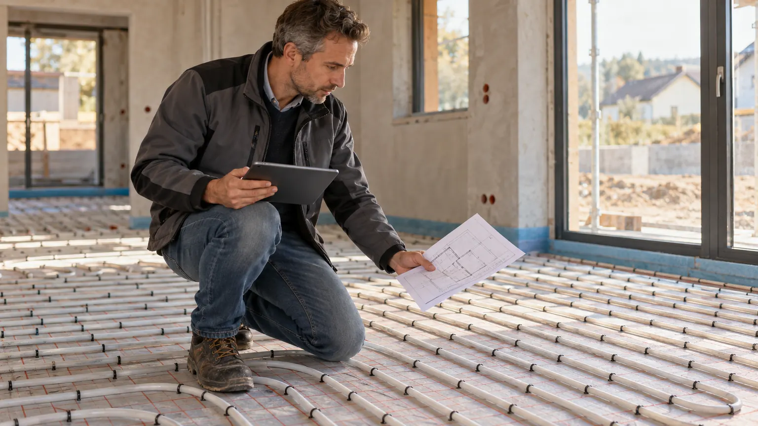 Energieberater mit Tablet und Grundriss im Rohbau eines Einfamilienhauses neben frisch verlegten Fußbodenheizungsrohren