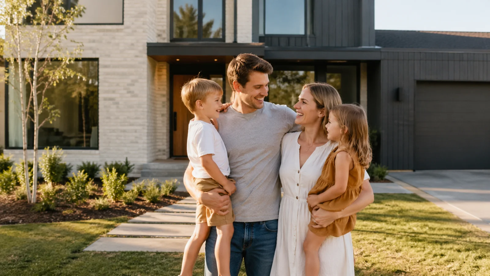 Familie vor Einfamilienhaus - KfW 296 Familienförderung