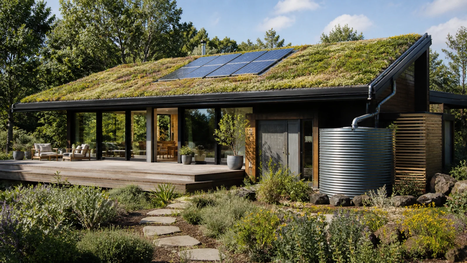 Wohnhaus mit außenliegender Verschattung und Regen-Auffangbecken - Klimaresilient bauen