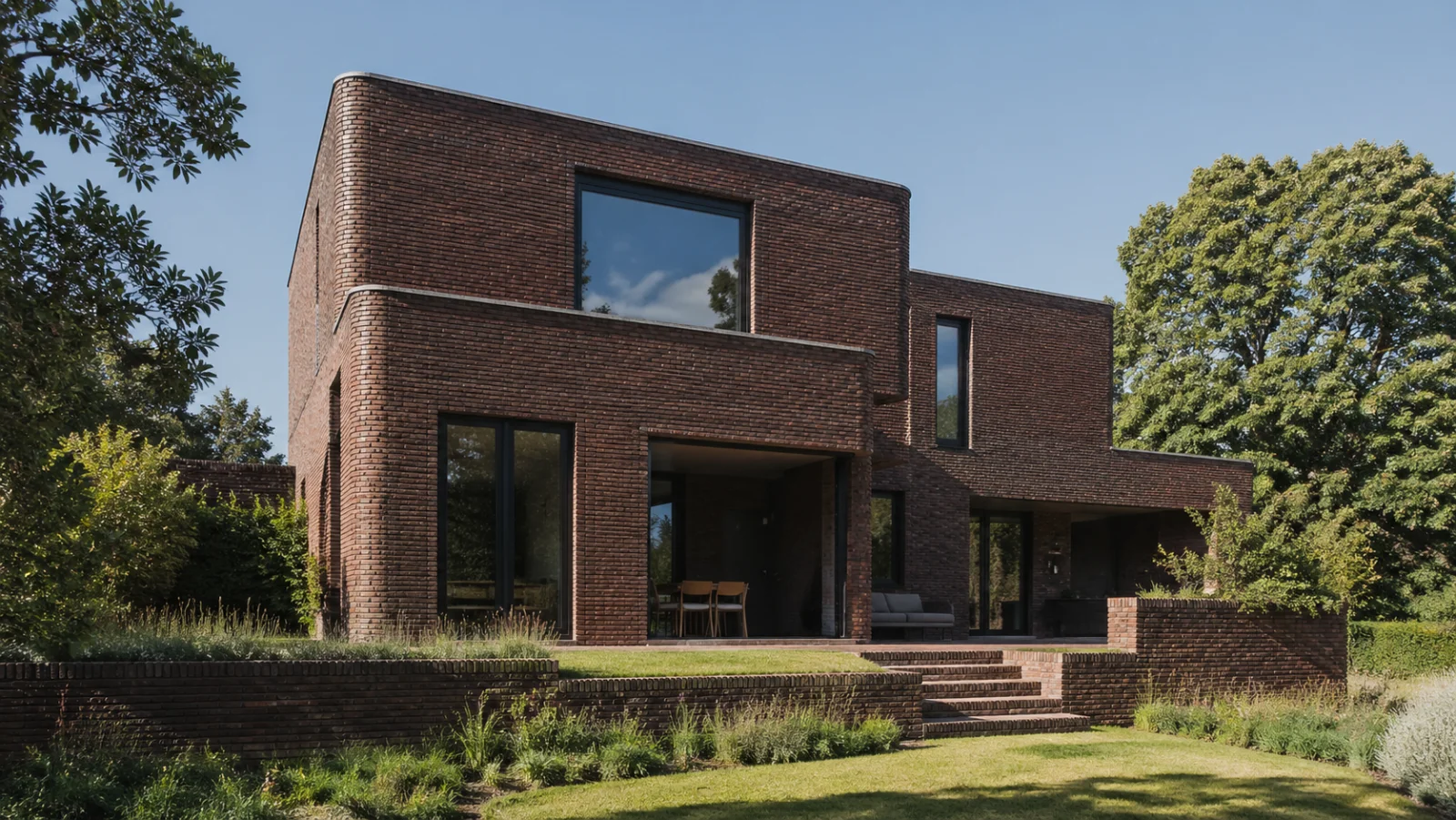 Modernes Einfamilienhaus mit Klinker-Fassade in dunklem Rotbraun - Klinkerfassade