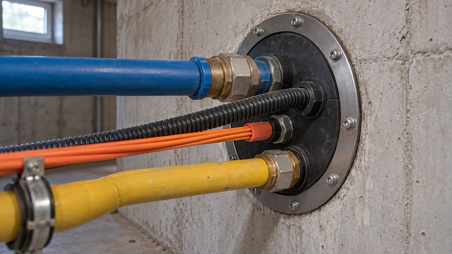 Mehrspartenhauseinführung in einer Betonkellerwand mit Wasserleitung, Stromkabel, Glasfaserrohr und Gasleitung