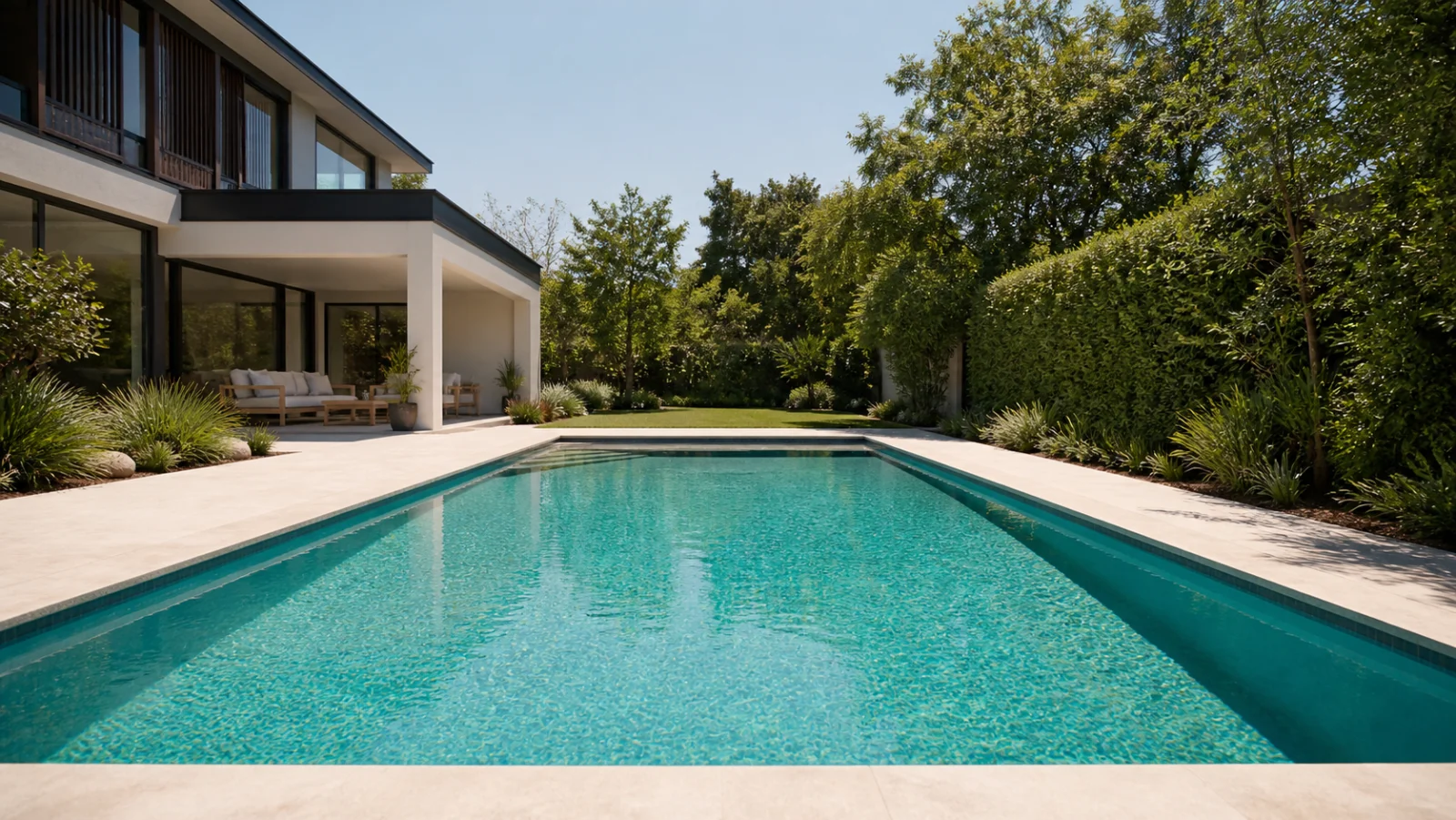 Pool im Garten mit Terrasse und Liegestühlen
