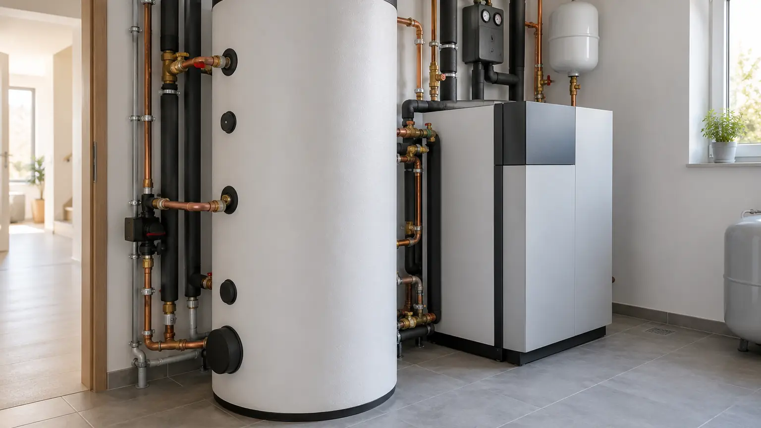 Weißer gedämmter Pufferspeicher neben dem Innengerät einer Wärmepumpe im Technikraum eines Neubaus