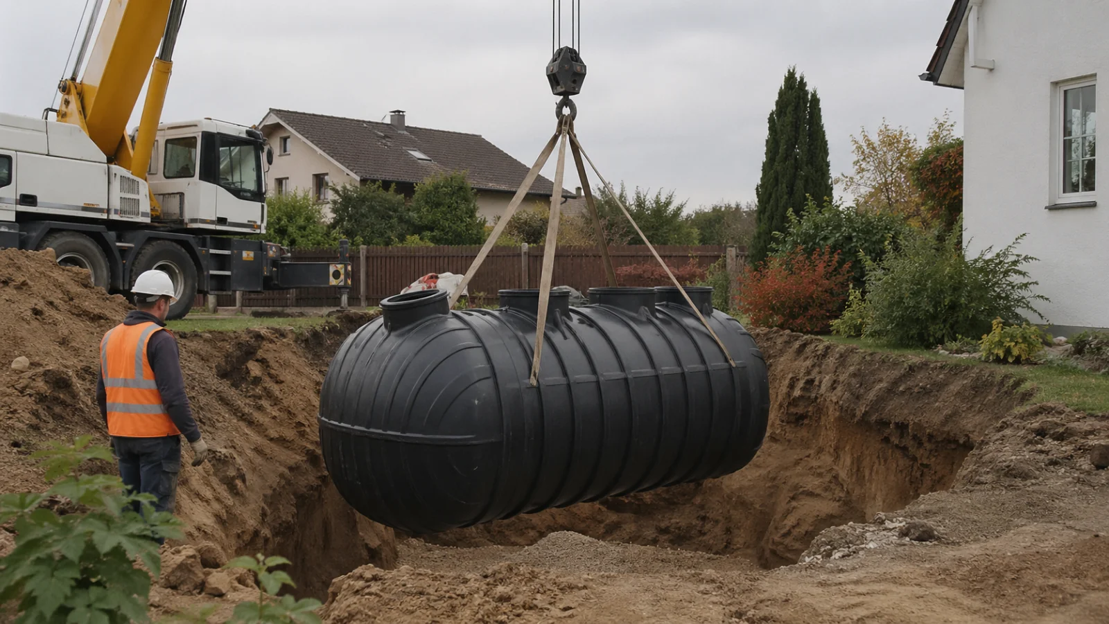 Regenwasser-Sammeltank im Garten unter dem Dachableiter