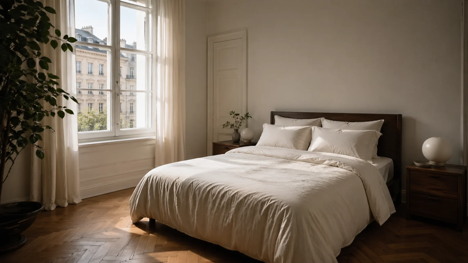 Schlafzimmer mit Doppelbett, zwei Nachttischen und großer Fensterfront - Schlafzimmer planen