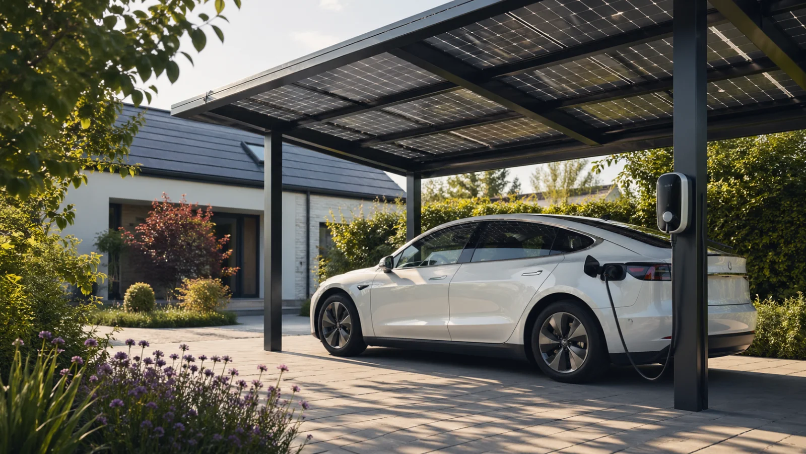 Solar-Carport mit Photovoltaik-Modulen und Elektroauto