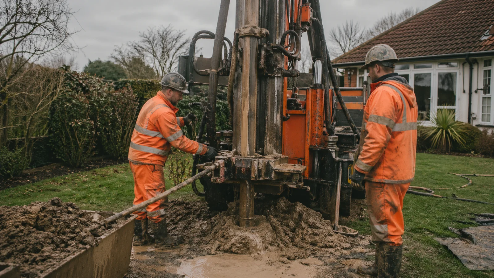 Bohrgerät auf Baustelle für Erdsondenbohrung - Sole-Wasser-Wärmepumpe