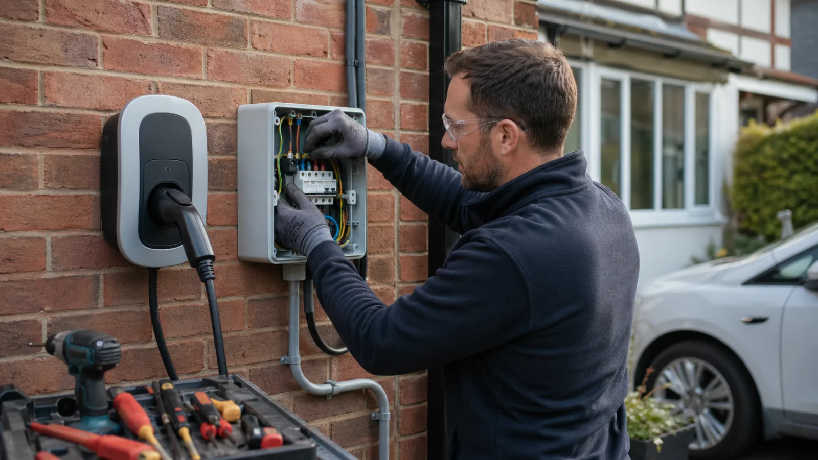 Elektriker installiert eine Wallbox an einer Hauswand