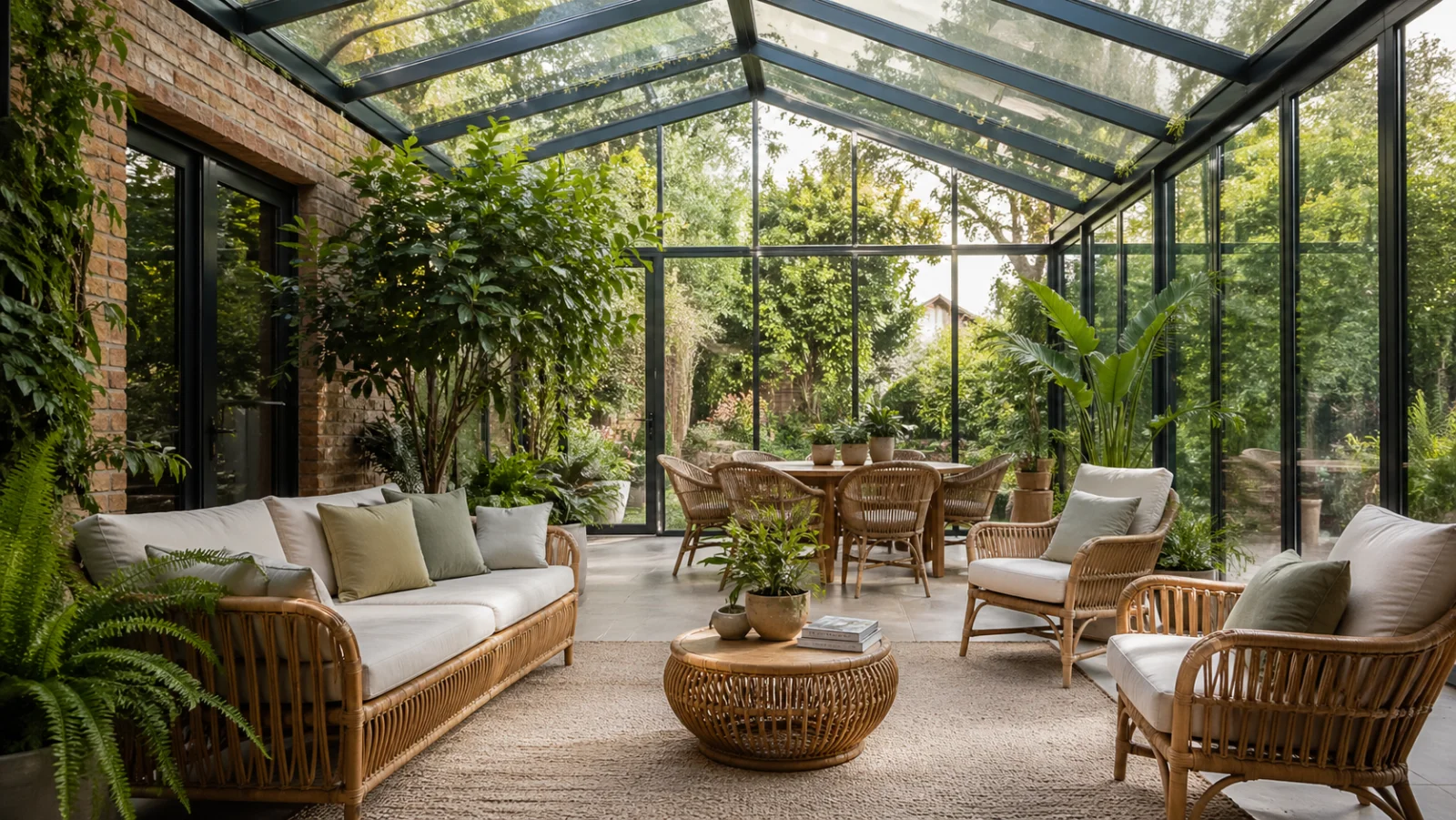 Moderner Wintergarten an Einfamilienhaus mit Glasfassade und Pflanzen - Wintergarten 2026
