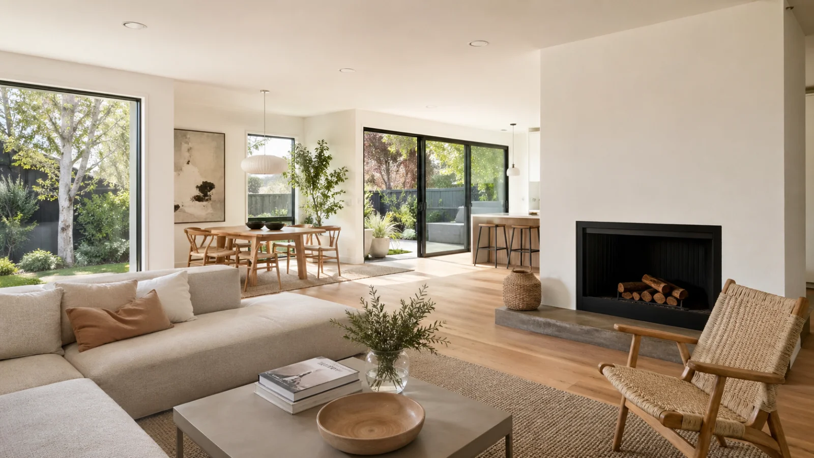 Modernes Wohnzimmer mit grauem Sofa, Holzboden und großen Fenstern - Wohnzimmer planen